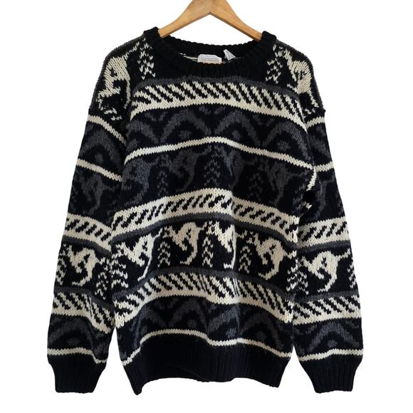 Vintage Men's Via Condotti Pure Wool Hand Knitted Kangaroo Sweater Black Size M - Picture 1 of 5